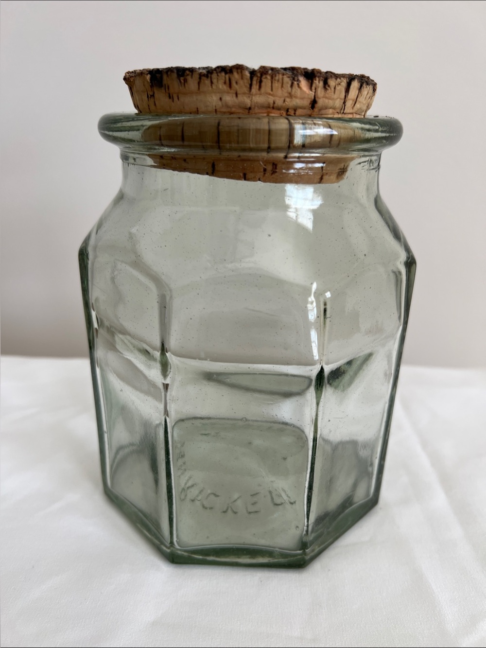 VTG Ben Rickert Octagonal Aqua Glass Apothecary Jar Cork Lid Made In Spain